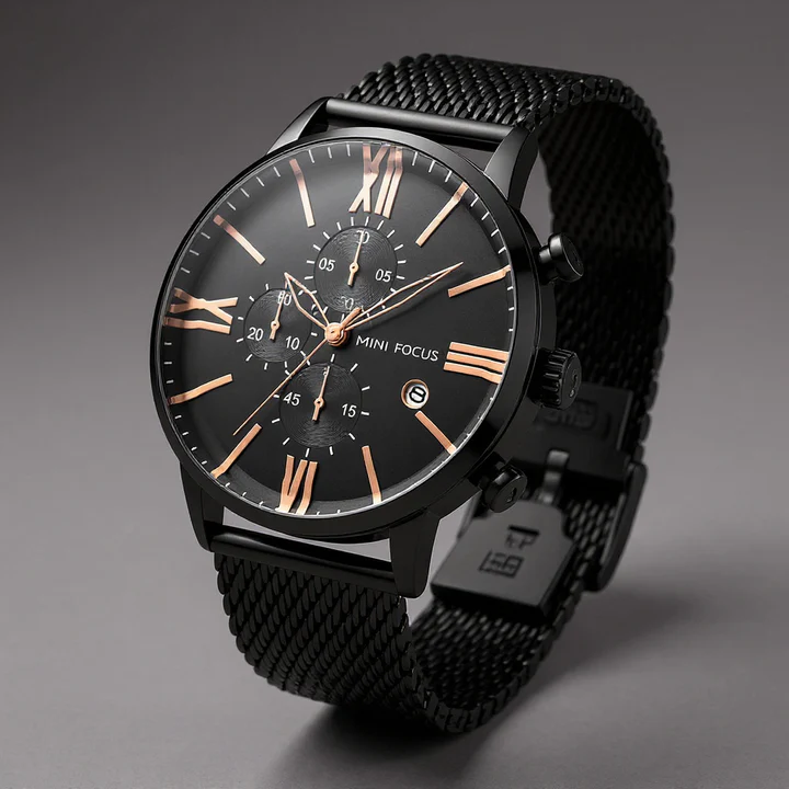 Calvin Clarke Noctis Chronograph Watch: Milanese Mesh, Sapphire Crystal, Roman Dial