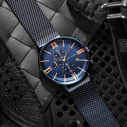 Calvin Clarke Noctis Chronograph Watch: Milanese Mesh, Sapphire Crystal, Roman Dial