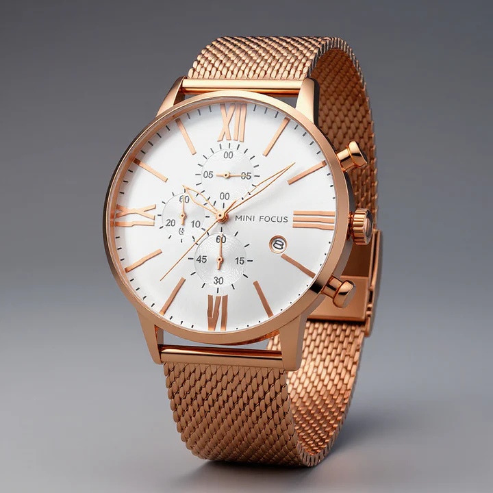 Calvin Clarke Noctis Chronograph Watch: Milanese Mesh, Sapphire Crystal, Roman Dial